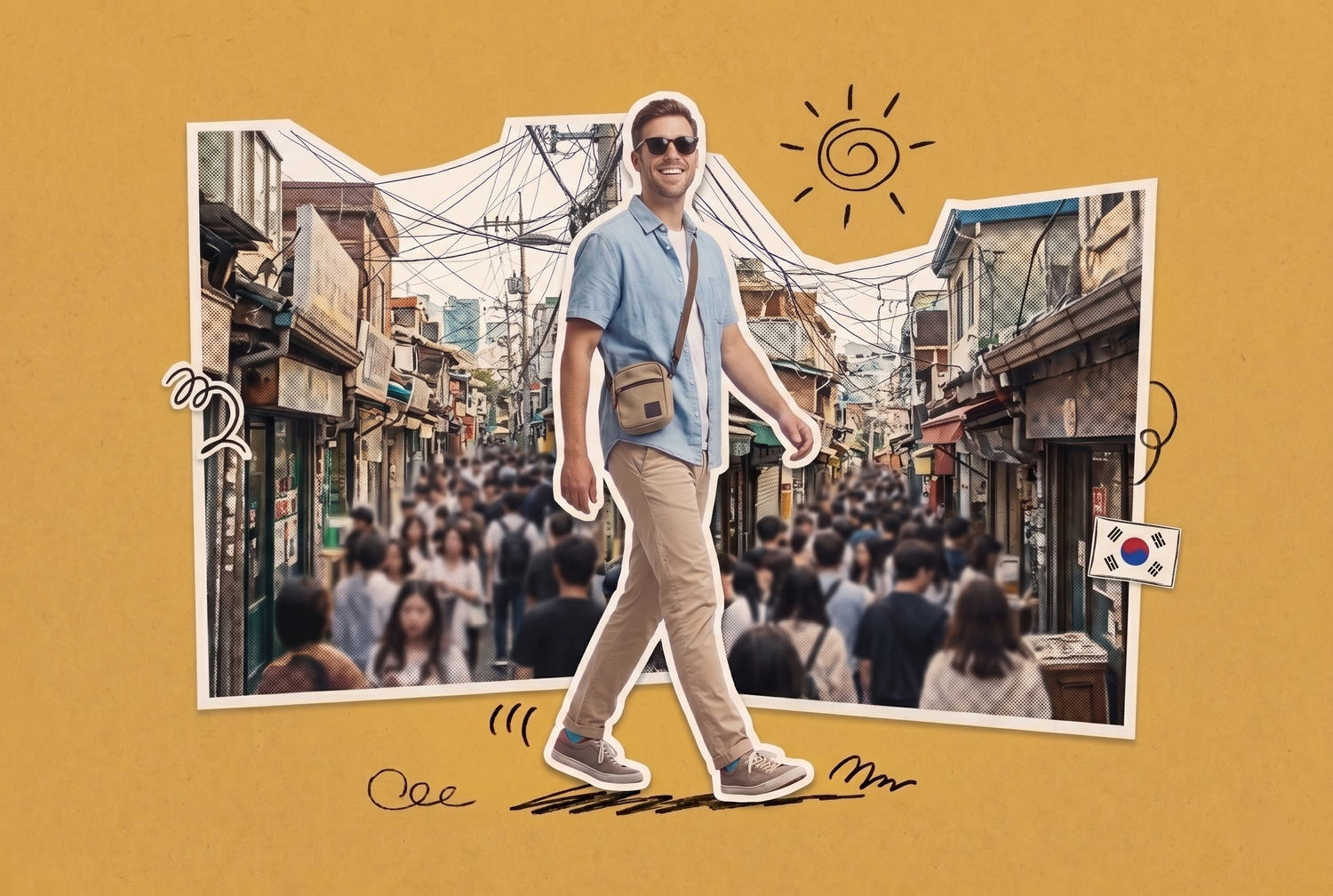 Traveler walking hands-free through a Seoul alley