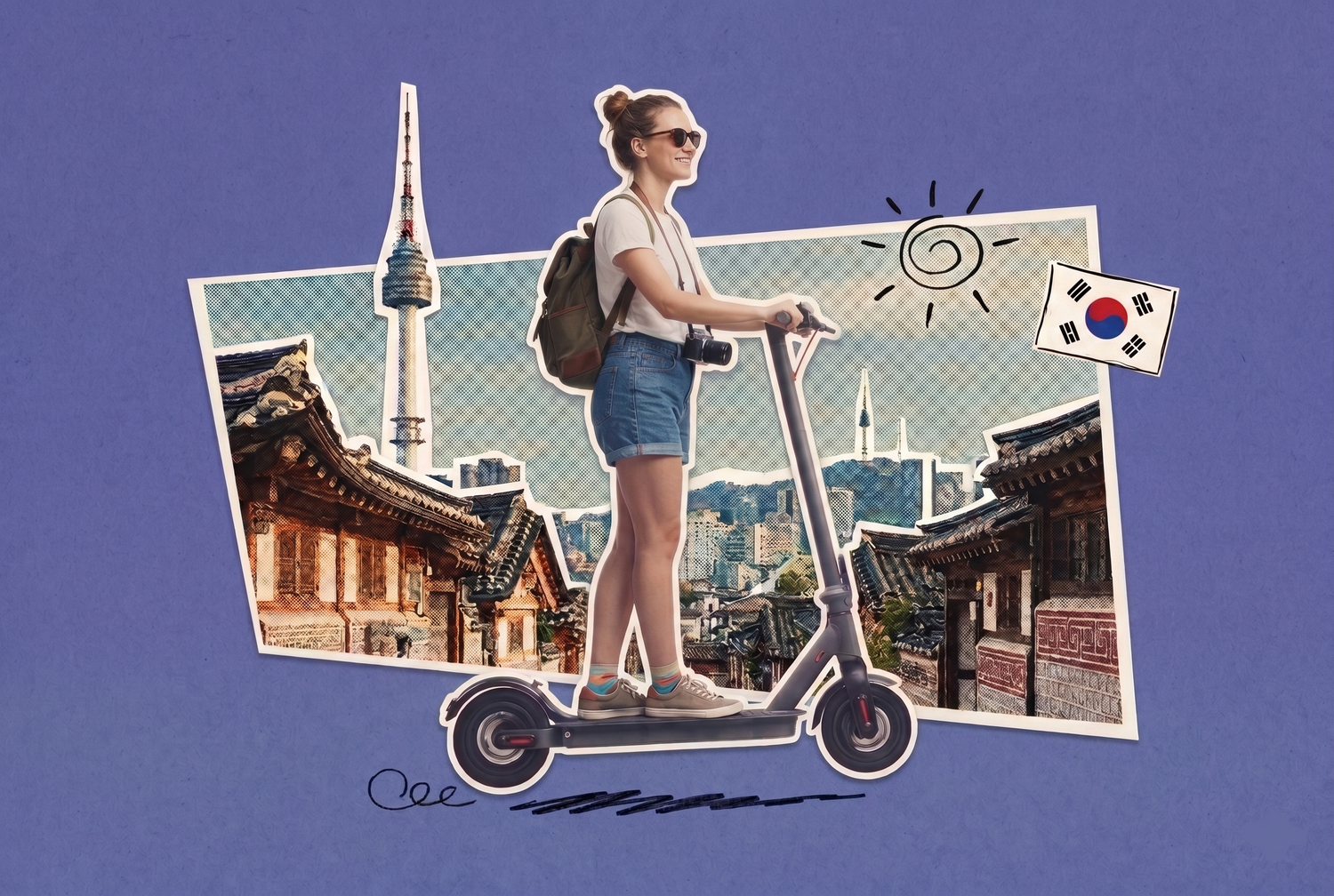 Traveler riding a scooter past Namsan Tower